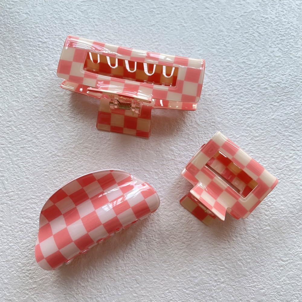 Vintage Checkered Y2K Hair Barrettes, Aesthetic 3Pcs Claw Clips for Women and Girls
