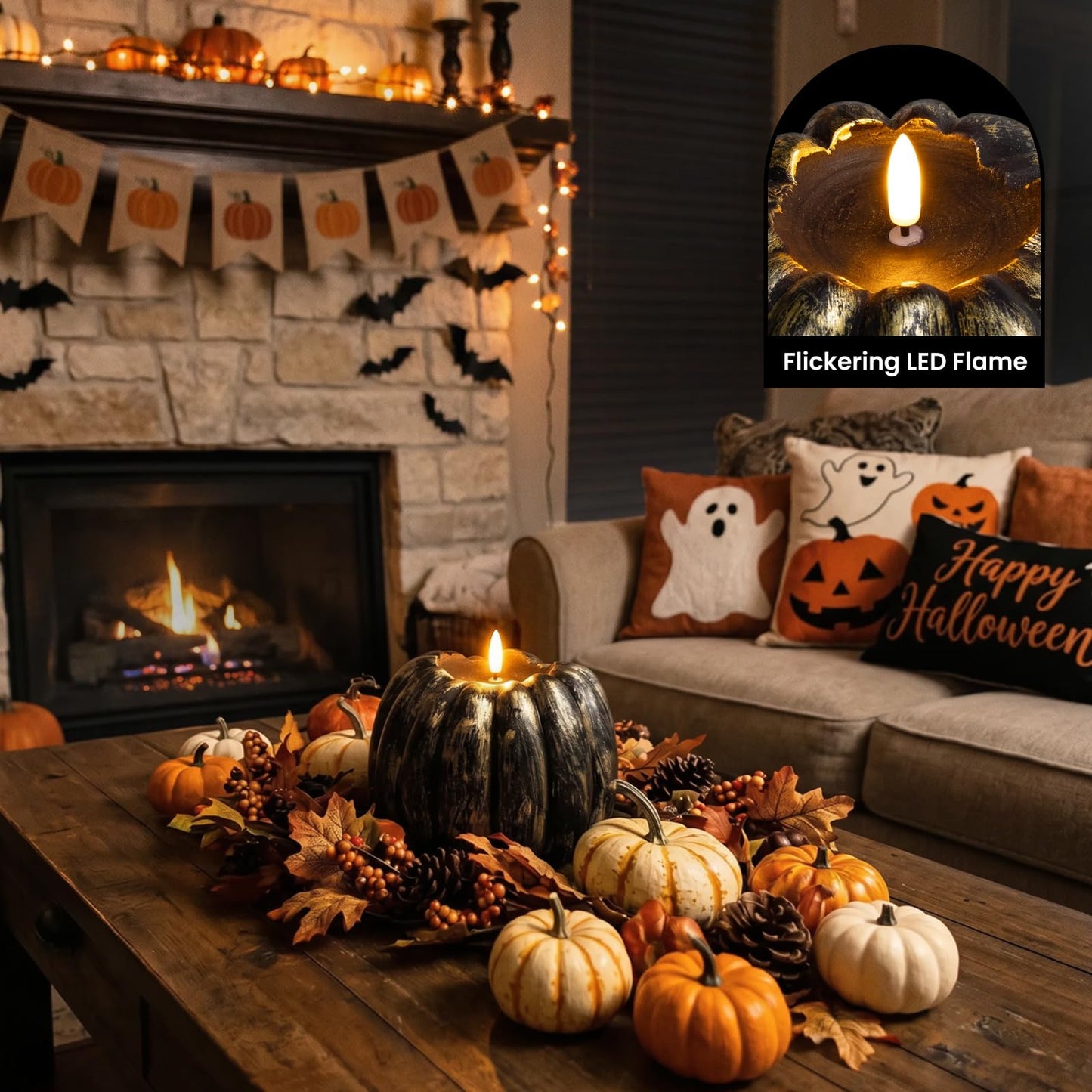 Fall Decor, Fall Decorations for Home - Flameless Pumpkin Candle with Timer Remote - Room Bedroom Table Farmhouse Decor for Halloween, Thanksgiving, Orange+White