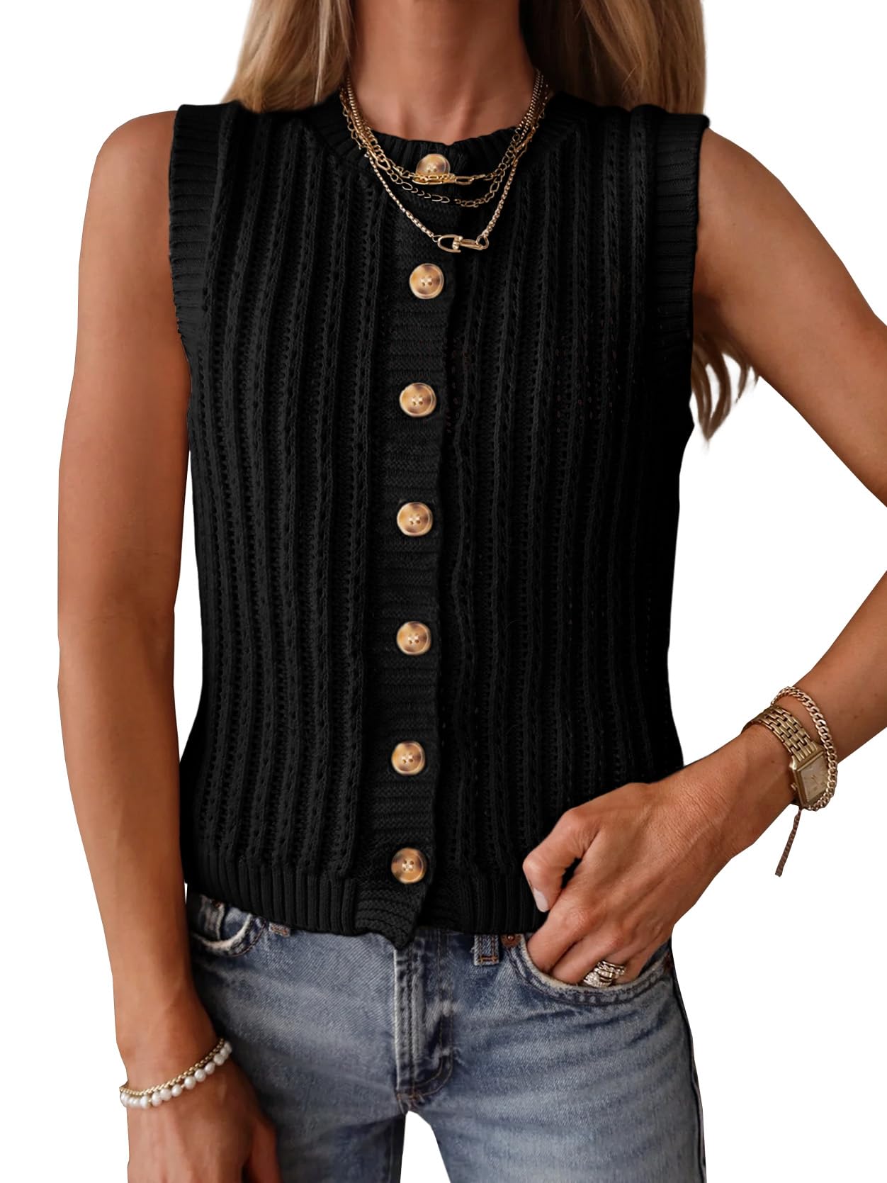 Saodimallsu Womens Sleeveless Sweater Vest Button Down Crochet Cardigan | Sweater Vest,Crochet,Summer Knit Tank Top,Sleeveless,Trendy Going Out Tops