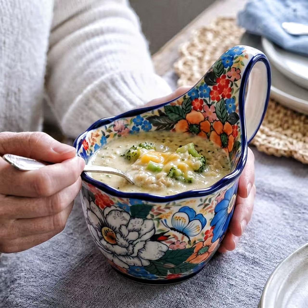 ALMA Handpainted Microwavable Soup Bowl with Loop Handle 18.6oz, Cereal Bowl With Handle Great for Berry, Fruits, Chili, Stew, Ice cream,Floral Soup Mug for Women