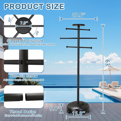 Solar Light Pool Towel Rack with Wheels – 63" Tall Adjustable Outdoor Towel Rack for Patio, Bathroom, Hot Tub