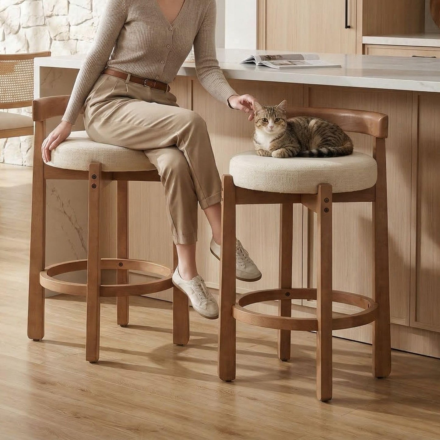 LukeAlon Mid Century Linen Counter Stools Set of 4, Upholstered 26.5” Seat Height Low Barstools with Natural Wood Legs Round Low Back Kitchen Stools with Footrest for Dining Room, Beige