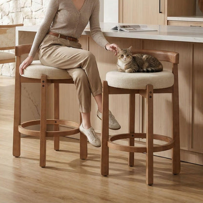 LukeAlon Mid Century Linen Counter Stools Set of 4, Upholstered 26.5” Seat Height Low Barstools with Natural Wood Legs Round Low Back Kitchen Stools with Footrest for Dining Room, Beige