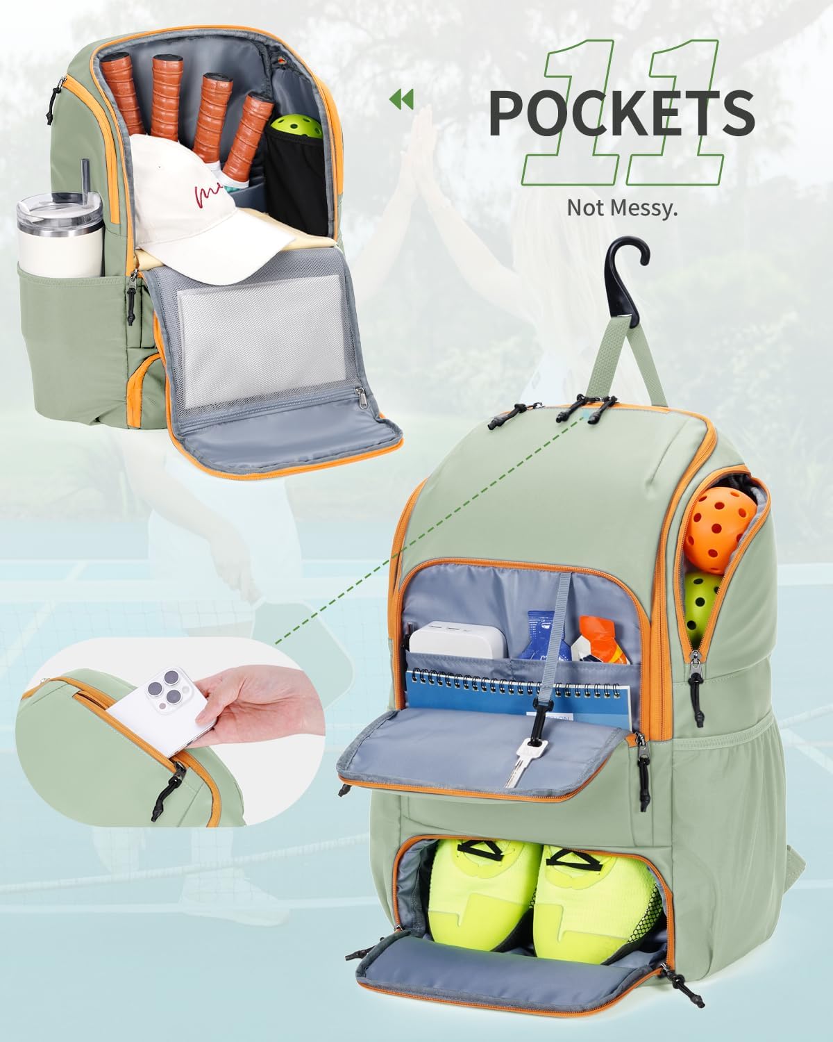 sportsnew Waterproof Pickleball Bag Men Women W/Shoe Compartment Fence Hook