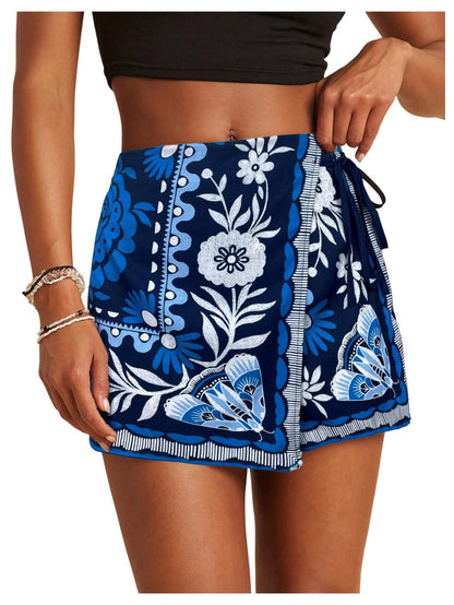 Sweatyrocks Women's Boho Mini Skirts Floral Shorts Tie Side Wrap Elastic Waist Summer Skorts Beach Vacation Outfits