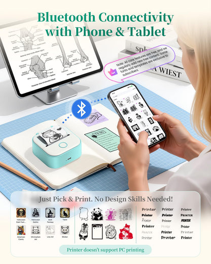 Memoking Mini Printer - Sticker Printer T02 Inkless Sticker Maker Machine