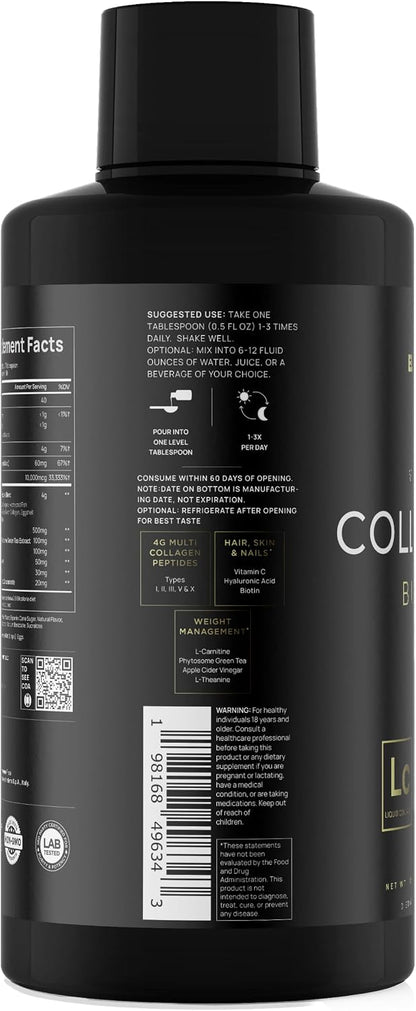 Premium Liquid Collagen for Women Weight Loss & Beauty w. Hyaluronic Acid, Biotin, L-Carnitine, Apple C Vinegar - Ultra Pure Multi Collagen Protein Shots Drink + Hair & Skin Liquid Vitamins - Colageno