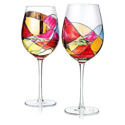 Artisanal Hand Painted Stemless Wine Glasses - Everyday Celebrations, Gift Idea for Wife, Mom, Valentine, Holiday Renaissance Romantic Stain-glassed Windows, 2 Set - Gift Idea Birthday, Housewarming