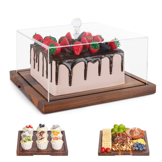 HouseJoy Acacia Wood Cake Stand with Lid-Extra Large 17" Rectangular Cake Holder,2-in-1 Dessert Table Display Set & Charcuterie Board,Acrylic Cake Dome Cover for Cheese/Veggie/Desert /Chips & Dip