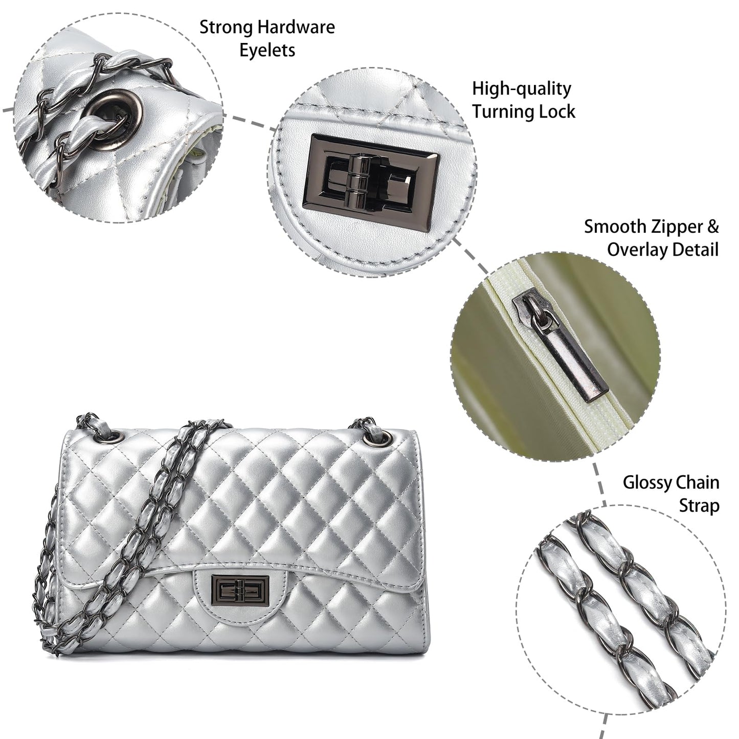 Quilted Leather Crossbody Bags for Women Trendy Ladies Shoulder Purse Satchel HandBag with Chain Strap