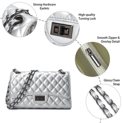 Quilted Leather Crossbody Bags for Women Trendy Ladies Shoulder Purse Satchel HandBag with Chain Strap