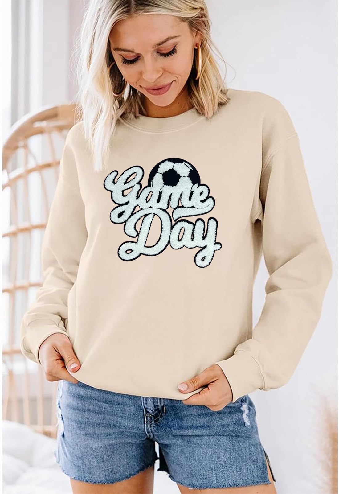Game Day Soccer Sweatshirt Women Soccer Season Chenille Patch Pullover Top Causal Long Sleeve Football Top