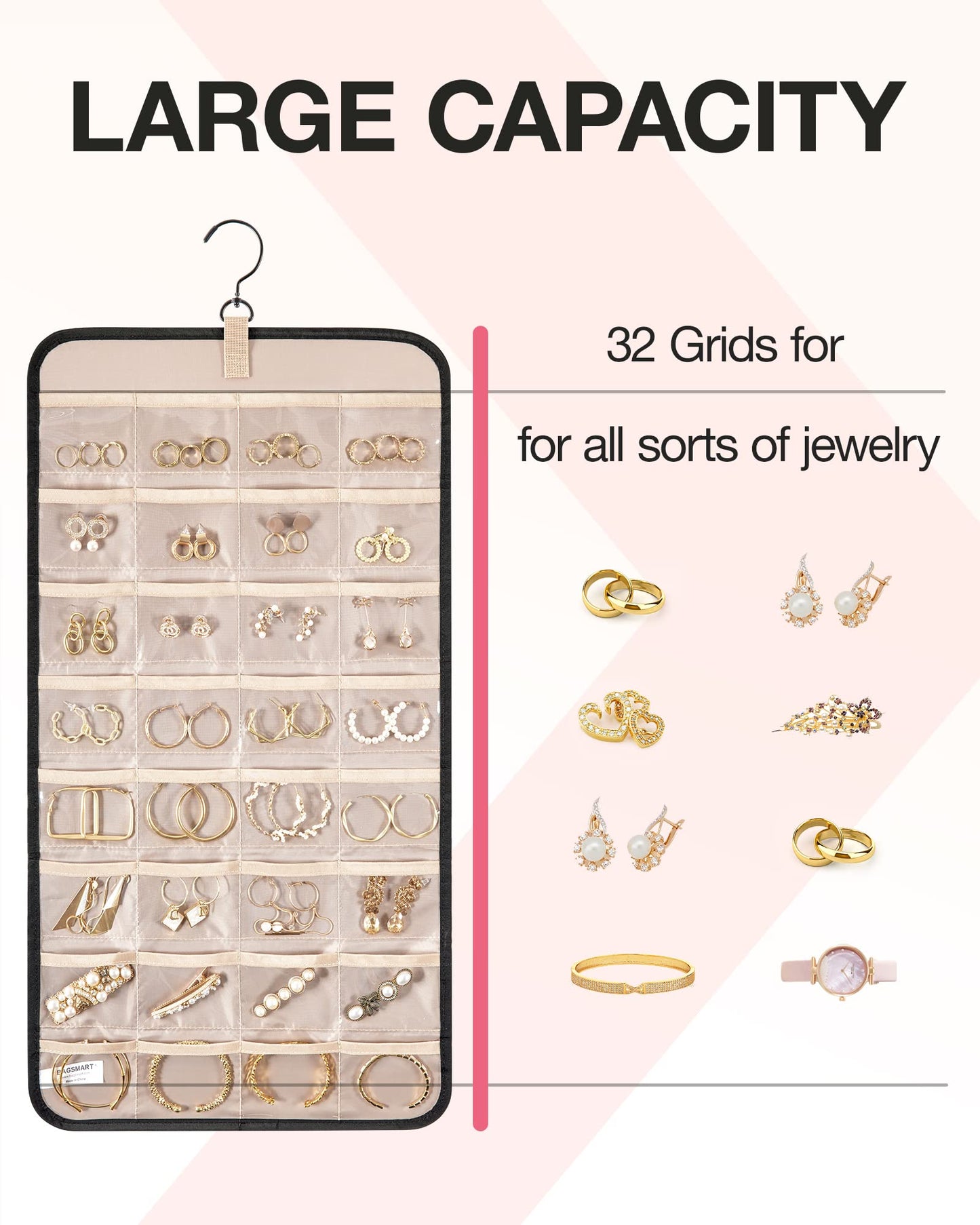BAGSMART Hanging Jewelry Organizer Storage Roll with Hanger Metal Hooks Double-Sided Jewelry Holder for Earrings, Necklaces, Rings on Closet, Wall, Door, 1 piece, Medium, Pink