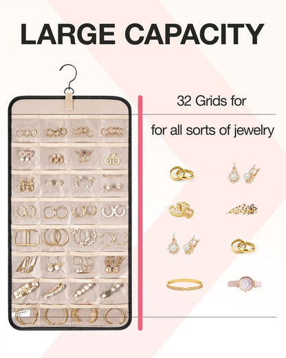 BAGSMART Hanging Jewelry Organizer Storage Roll with Hanger Metal Hooks Double-Sided Jewelry Holder for Earrings, Necklaces, Rings on Closet, Wall, Door, 1 piece, Medium, Pink