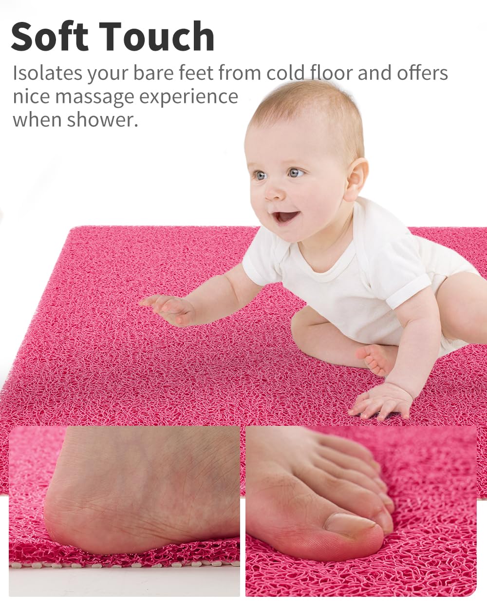 Non Slip Shower Mat, Comfortable Bath mat for Textured Surface,Quick Drying Easy Cleaning Shower Floor Mat for Wet Area,Without Suction Cups Pink 24 x 24