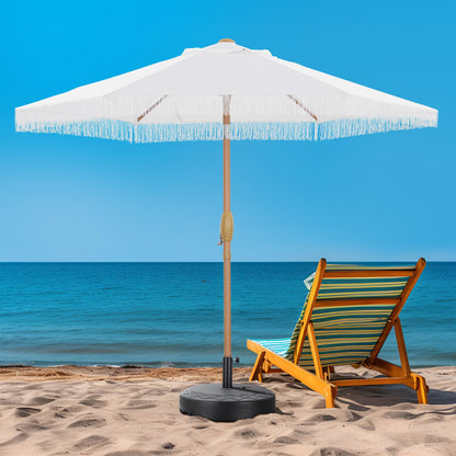 GDY 7.5ft Tassel Patio Umbrella and Matching Base, Outdoor Table Umbrella with 18 LED Lights,Market Umbrella with 6 Sturdy Ribs, with Push Button Tilt and Crank, Bright White