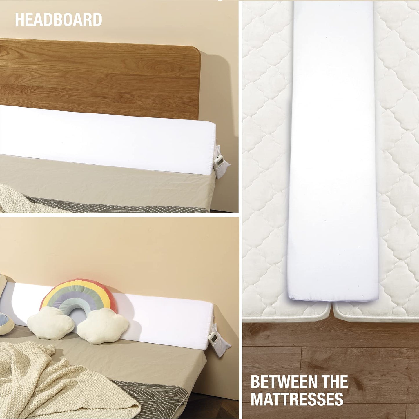 Vekkia King Bed Wedge Pillow for Headboard Gap, 0–6" Gap Filler with Side Pockets & Washable Cover, Gray 76"x10"x6"