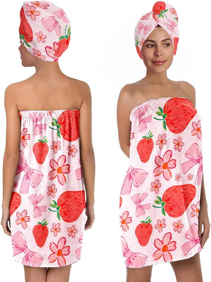 Strawberry Print Bath Wrap and Hair Drying Towel Set – Microfiber Quick Dry Shower Body Wrap for Women, Absorbent Spa Skirt with Elastic Band and Cute Bow Design (Strawberry 1)