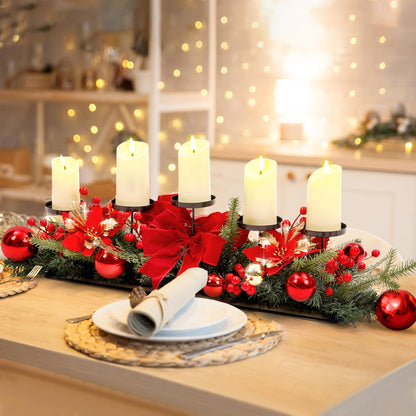 Funnymoom Christmas Tabletop Centerpiece 30 Inch Christmas Poinsettia Candle Holder with 5 Candle Artificial Table Decorations with Red Berries Gold Plants(Red Ball)