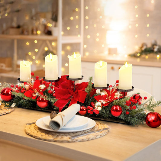 Funnymoom Christmas Tabletop Centerpiece 30 Inch Christmas Poinsettia Candle Holder with 5 Candle Artificial Table Decorations with Red Berries Gold Plants(Red Ball)