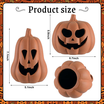 Tioncy 2 Pack Fall Decor Halloween Decorations Terracotta Pumpkin Decoration Handmade Clay Pumpkin Jack-o-Lantern Halloween Tealight Holder Rustic Farmhouse Fall Home Decor for Table(Orange)