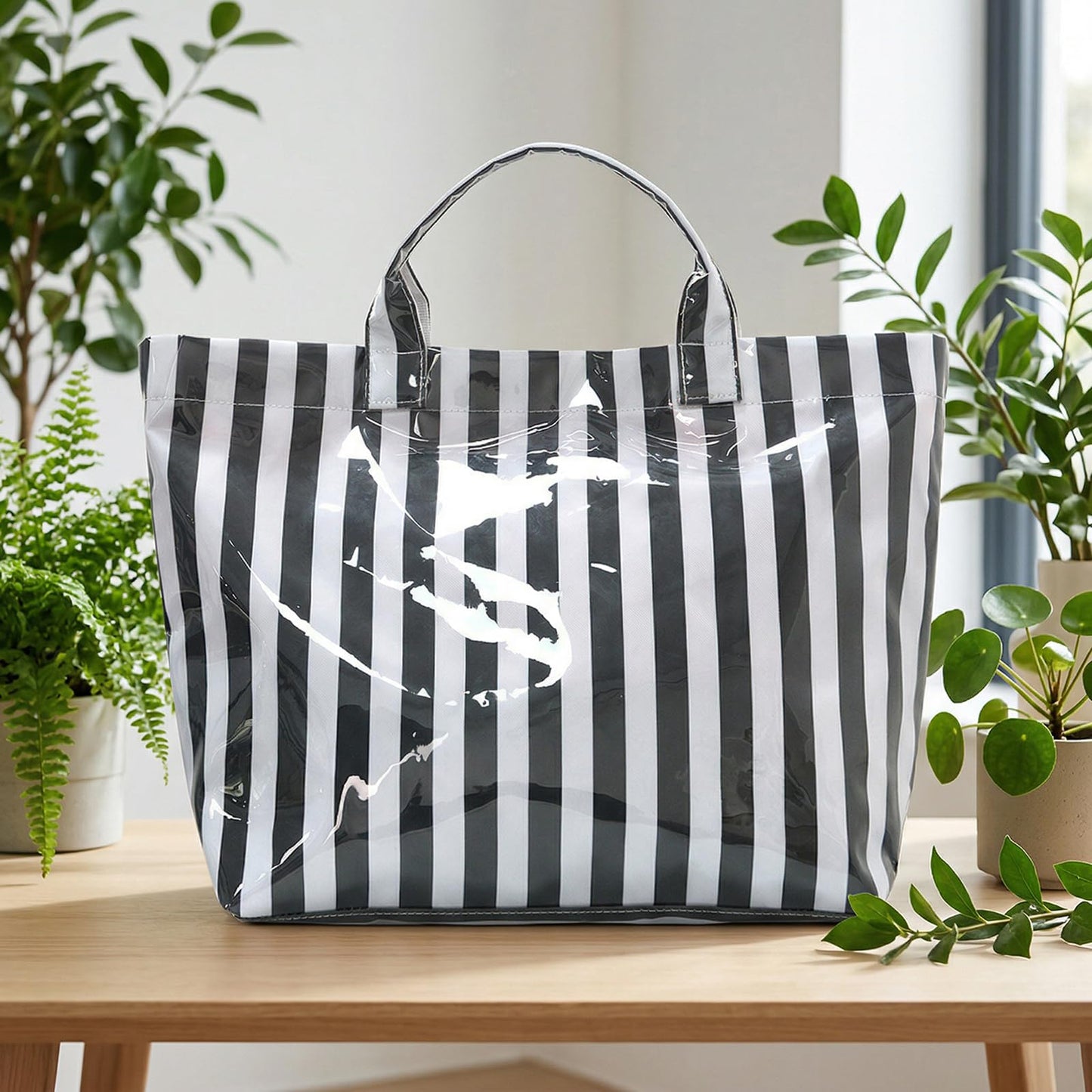 Striped PVC Tote Bag Large Glossy