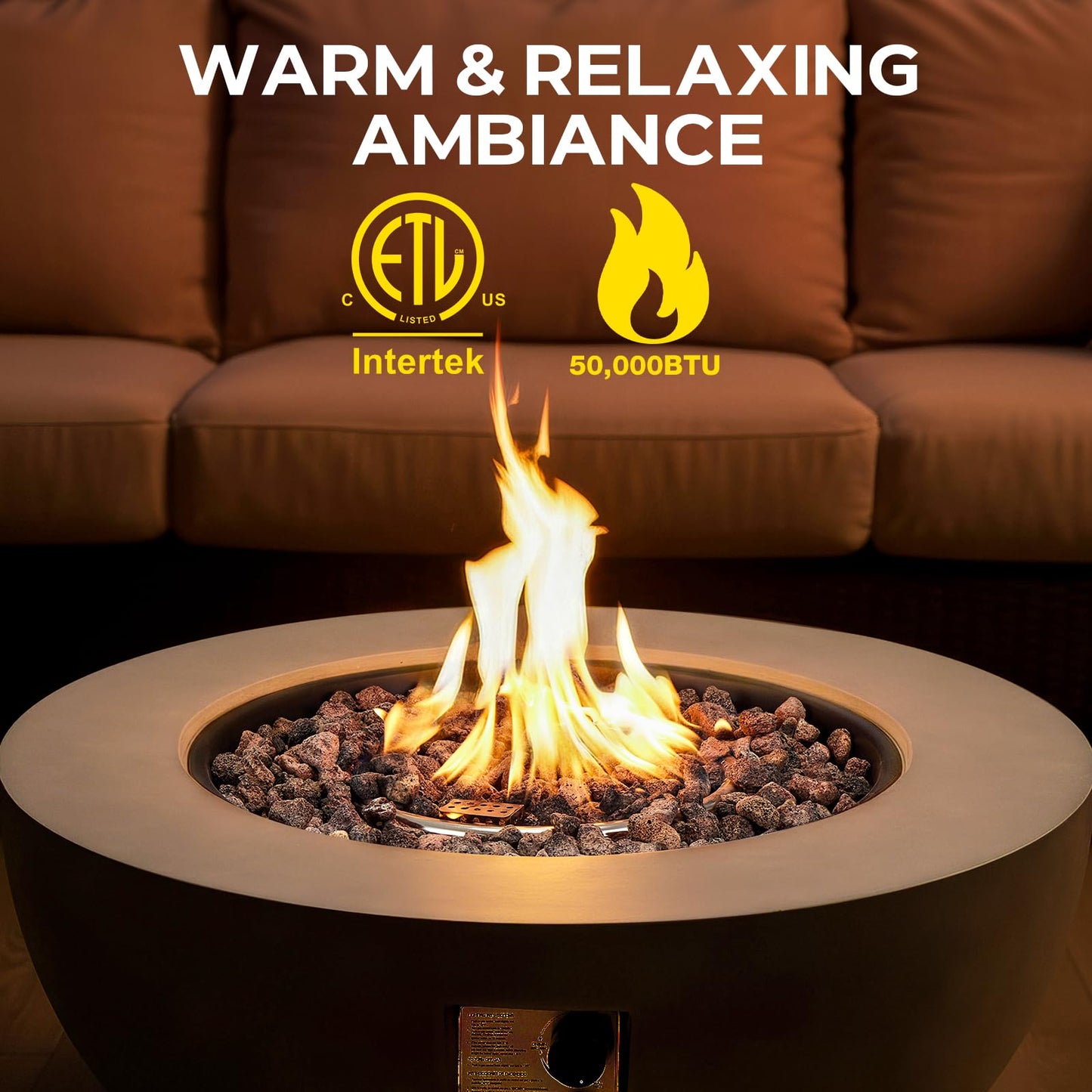 31.5 Inch Round Propane Fire Pit Table - Concrete Round Fire Bowl 50,000 BTU Natural Gas Firepit Burner with Steel Lid, Lava Rocks, Waterproof Cover for Outside Patio, Backyard, Party