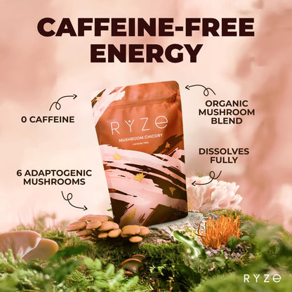 RYZE SUPERFOODS Mushroom Medium Roast Coffee USDA Organic with 6 Adaptogenic Mushrooms, USA Grown Instant Coffee for Better Energy, Focus Digestion Immunity with Lions Mane & Turkey Tail 30. Pack of 1
