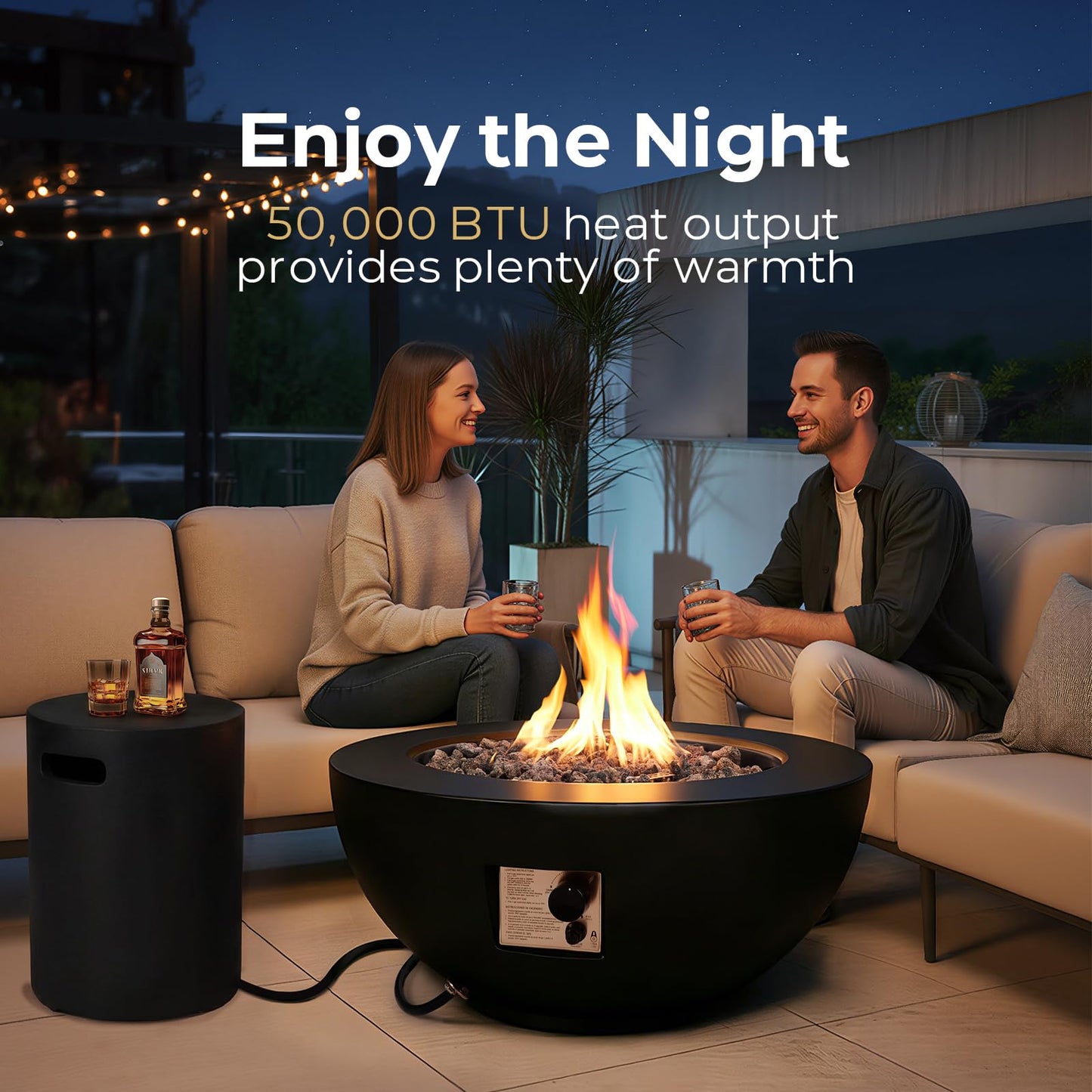 31.5 Inch Round Propane Fire Pit Table - Concrete Round Fire Bowl 50,000 BTU Natural Gas Firepit Burner with Steel Lid, Lava Rocks, Waterproof Cover for Outside Patio, Backyard, Party