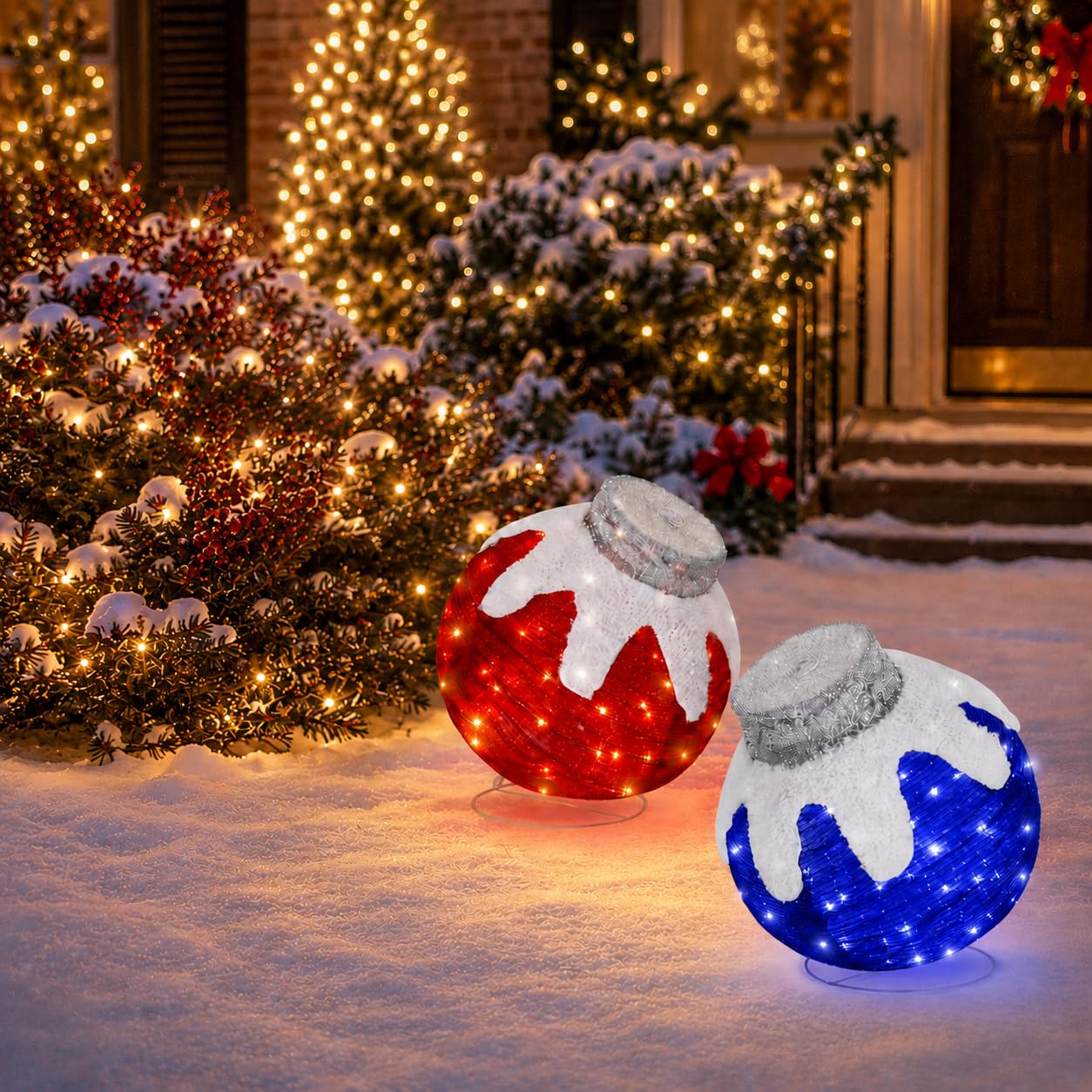 2 Pcs Outdoor Christmas Ornaments, Lighted Pop-Up Holiday Ball Decoration with 160 LED Lights, 8 Light Functions, Lighted Collapsible Christmas Outdoor Decorations for Yard, Patio, Home