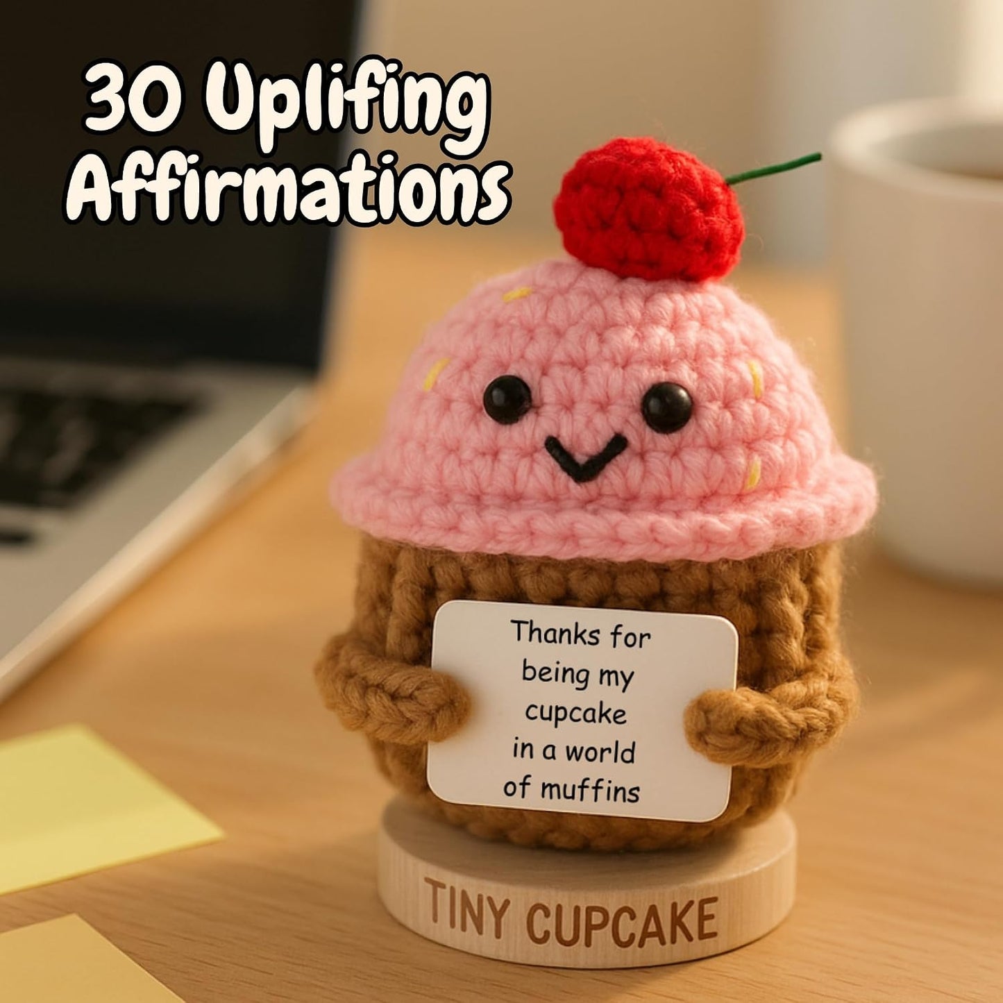 Emotional Support Gifts for Women - Positive Crochet Cupcake W/ 30 Uplifting Affirmation Cards | Birthday Gift for Women Friendship, Best Friend, Bestie, Teen Girls, Classmates, Daughter Birthday