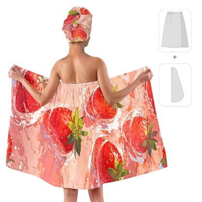 Strawberry Print Bath Wrap and Hair Drying Towel Set – Microfiber Quick Dry Shower Body Wrap for Women, Absorbent Spa Skirt with Elastic Band and Cute Bow Design (Strawberry 1)