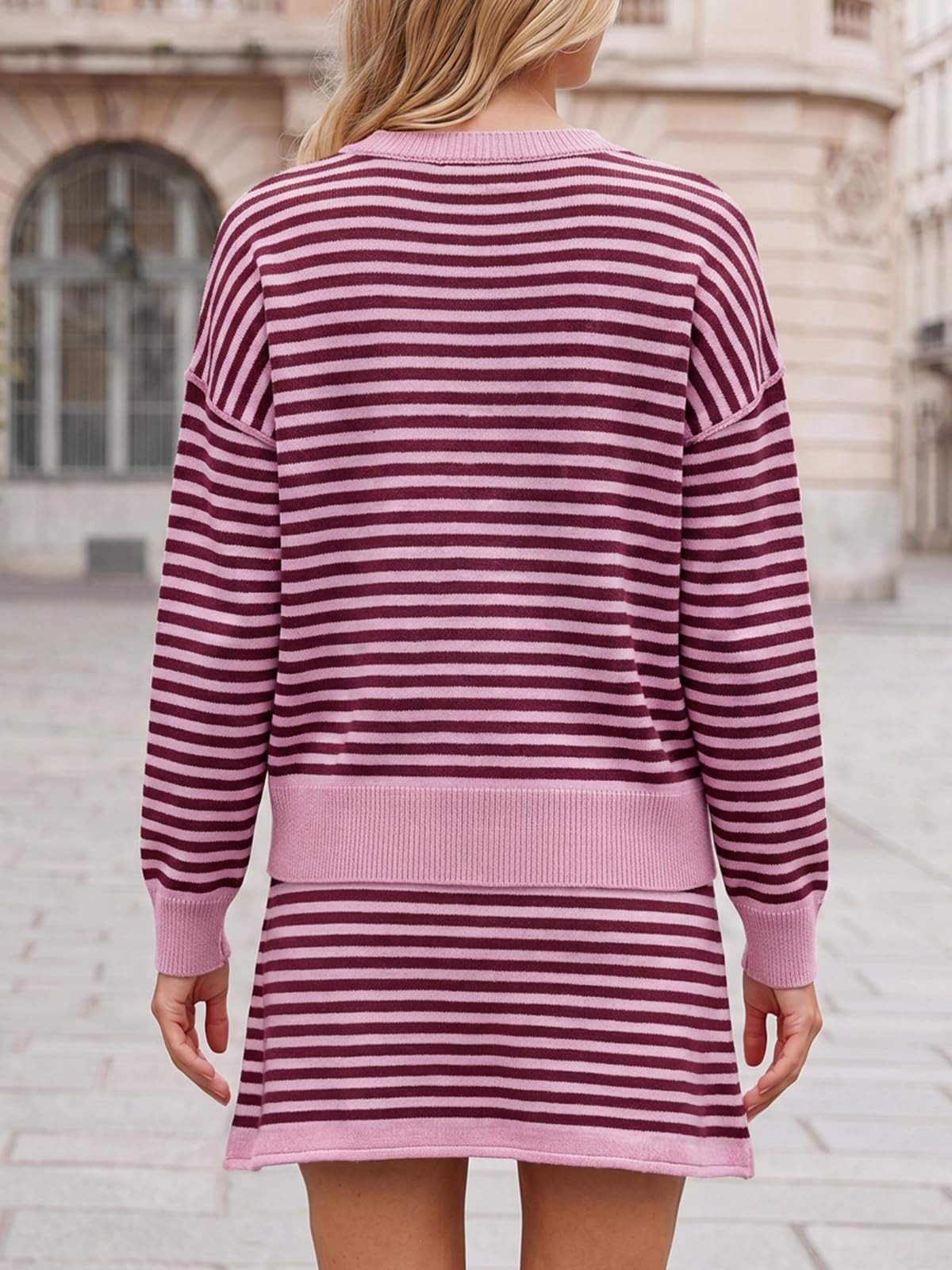 Tankaneo Women 2 Piece Striped Sweater Skirt Set
