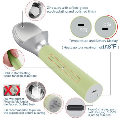 Heated Ice Cream Scoop Rechargeable, Electric Warming Ice Cream Scooper with LED Display, Heats to 158°F for Hard Ice Cream, Easy for Seniors & Kids, IP67 Waterproof (White, 2 oz)