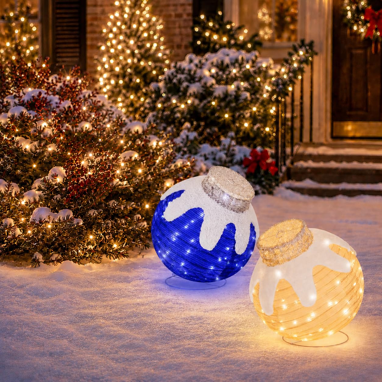 2 Pcs Outdoor Christmas Ornaments, Lighted Pop-Up Holiday Ball Decoration with 160 LED Lights, 8 Light Functions, Lighted Collapsible Christmas Outdoor Decorations for Yard, Patio, Home