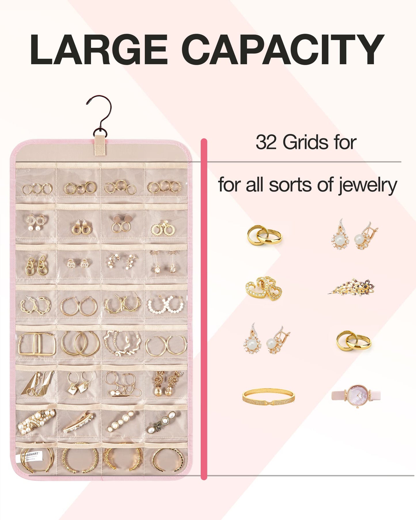 BAGSMART Hanging Jewelry Organizer Storage Roll with Hanger Metal Hooks Double-Sided Jewelry Holder for Earrings, Necklaces, Rings on Closet, Wall, Door, 1 piece, Medium, Pink