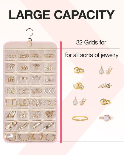 BAGSMART Hanging Jewelry Organizer Storage Roll with Hanger Metal Hooks Double-Sided Jewelry Holder for Earrings, Necklaces, Rings on Closet, Wall, Door, 1 piece, Medium, Pink