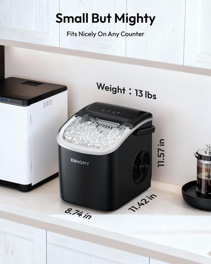 EUHOMY Countertop Ice Maker Machine with Handle, 26lbs in 24Hrs, 9 Ice Cubes Ready in 6 Mins, Auto-Cleaning Portable Ice Maker with Basket and Scoop, for Home/Kitchen/Camping/RV. (Black)