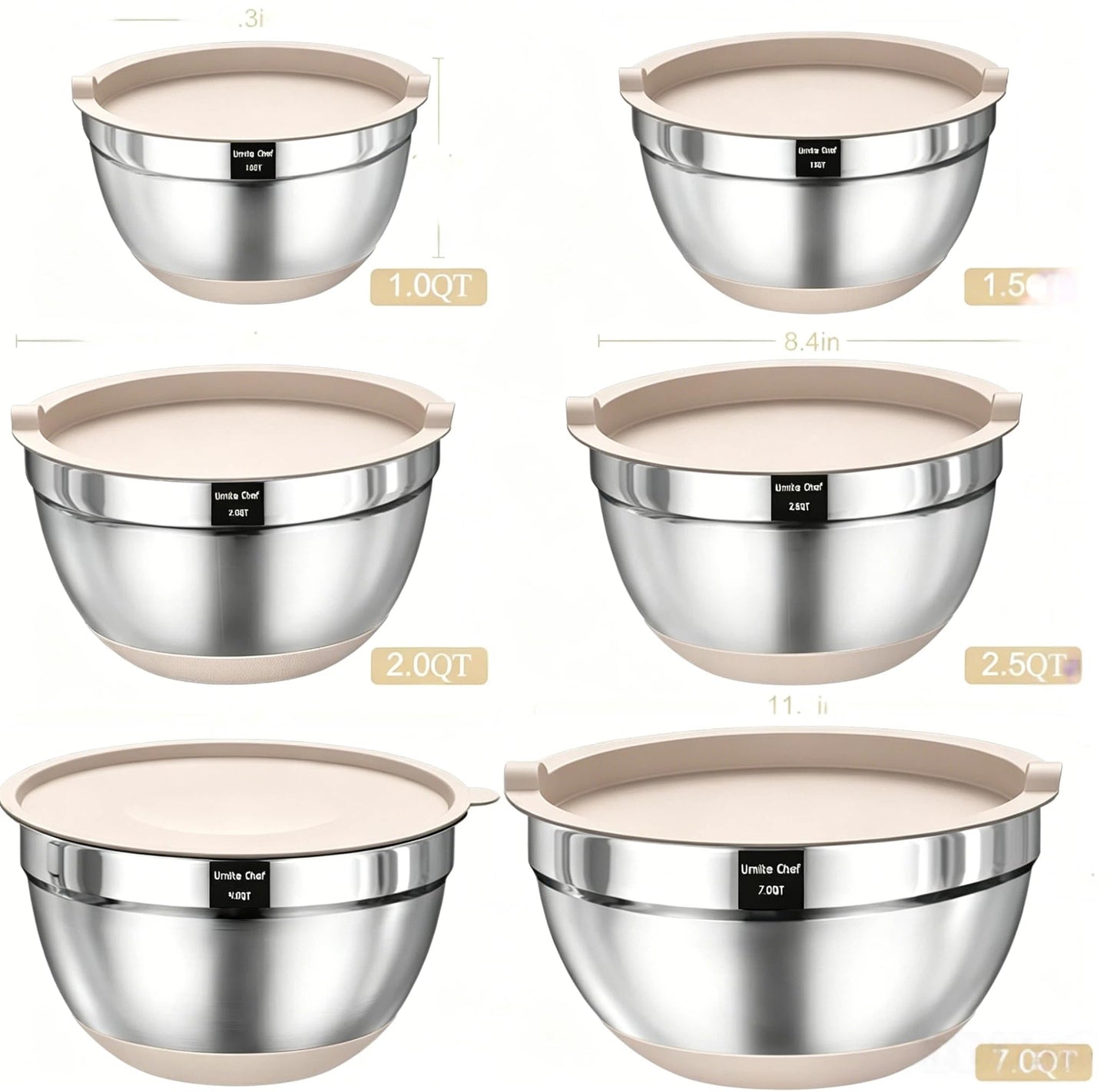 Mixing Bowls with Airtight Lids Set, 26PCS Stainless Steel Khaki Bowls with Grater Attachments, Non-Slip Bottoms & Kitchen Gadgets Set, Size 7, 4, 2.5, 2.0,1.5, 1QT, Great for Mixing & Serving