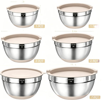 Mixing Bowls with Airtight Lids Set, 26PCS Stainless Steel Khaki Bowls with Grater Attachments, Non-Slip Bottoms & Kitchen Gadgets Set, Size 7, 4, 2.5, 2.0,1.5, 1QT, Great for Mixing & Serving