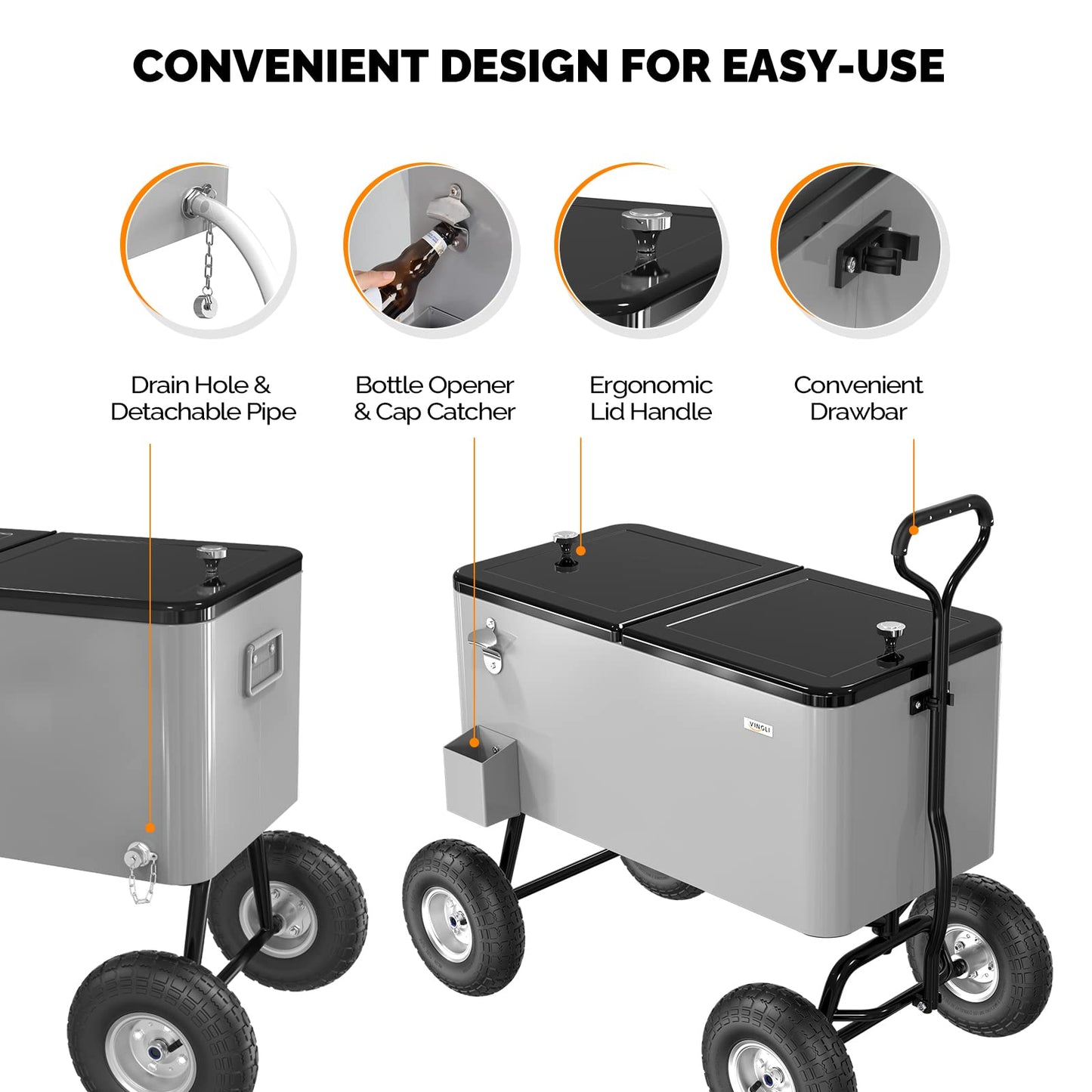 VINGLI 80 Quart Wagon Rolling Cooler Ice Chest, w/Long Handle and 10" Wheels, Portable Beach Patio Party Bar Cold Drink Beverage, Outdoor Park Cart on Wheels
