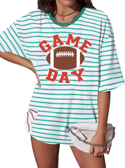 Football Shirts for Women Oversize Game Day T-Shirts Bow Side Split T-Shirt | Football Season Graphic Tee Tops Oversize Football Graphic Short Sleeve Tee Top
