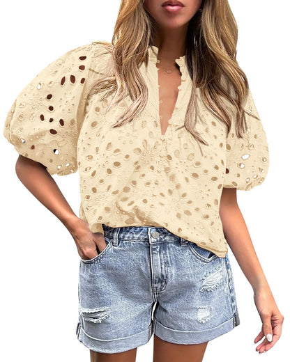 PRETTYGARDEN Womens Tops Boho Eyelet Puff Sleeve Blouse