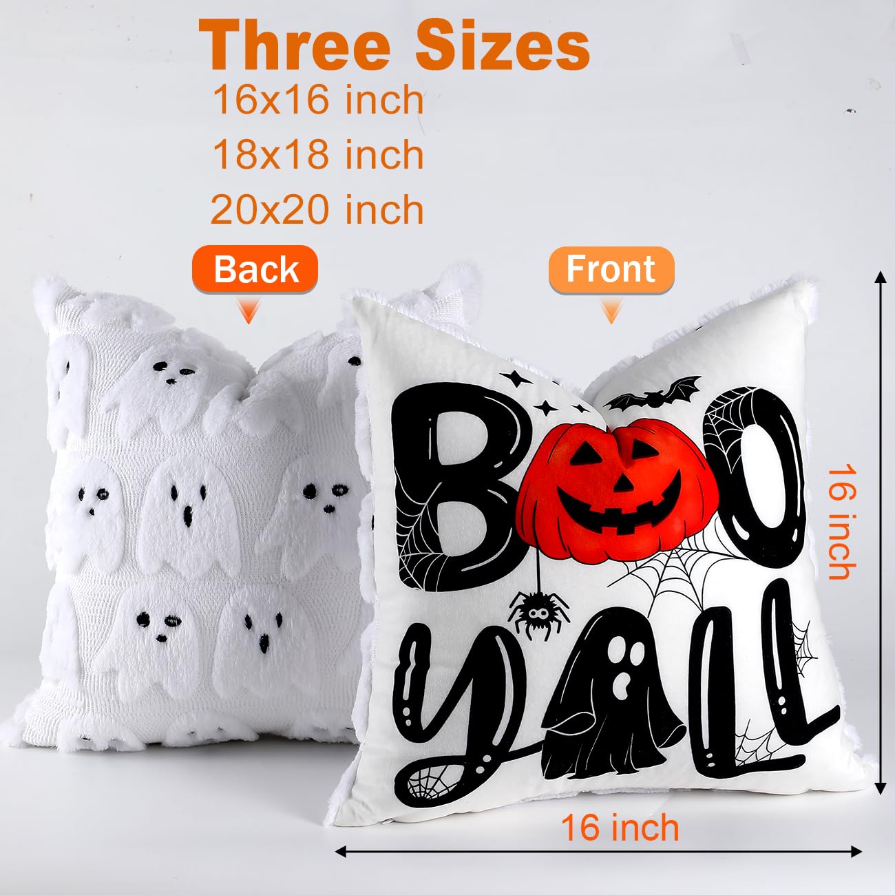 TOYPOPOR Halloween Decorations, 2 Packs Double Sided Ghost Pillow Covers, Soft Fur Throw Pillow Cases Indoor outdoor Pumpkin Couch Cushion Case for Fall Autumn Bedroom Living Room Home Decor 18''x18''
