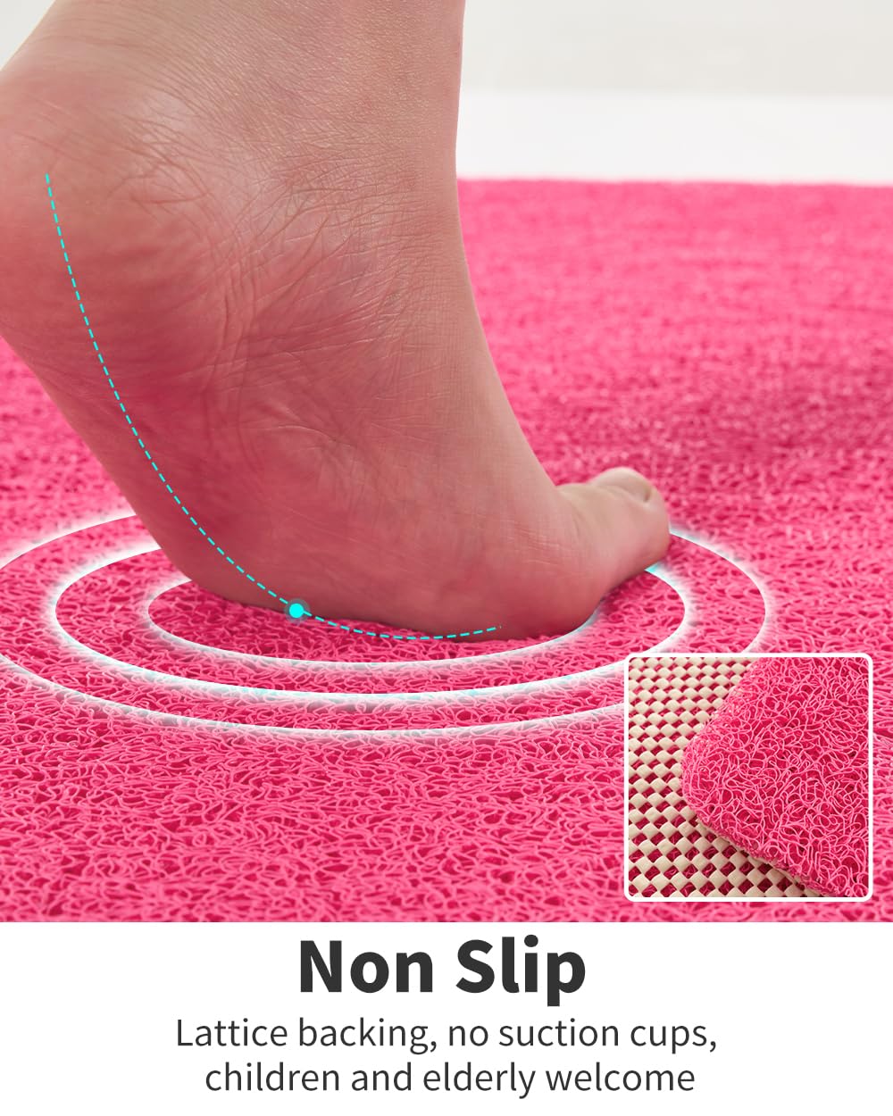 Non Slip Shower Mat, Comfortable Bath mat for Textured Surface,Quick Drying Easy Cleaning Shower Floor Mat for Wet Area,Without Suction Cups Pink 24 x 24