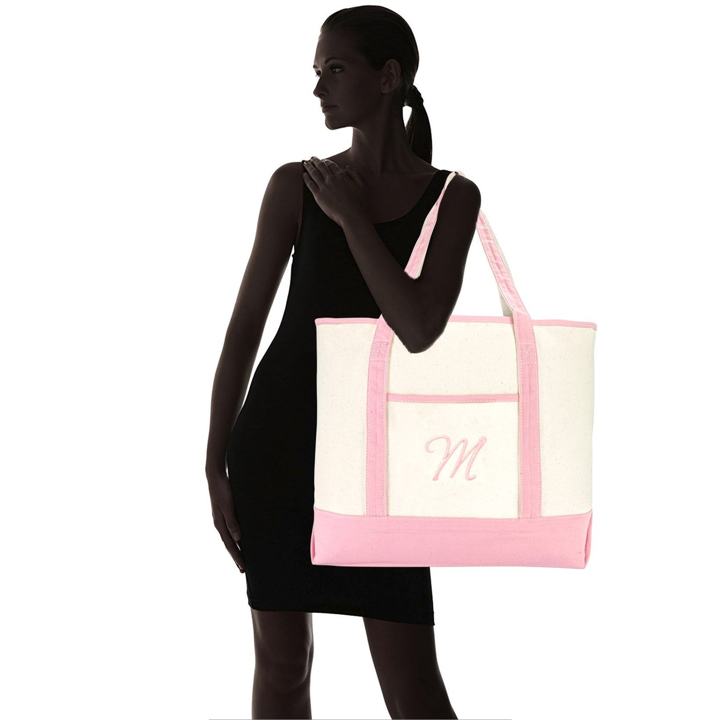 Dalix Women's Cotton Canvas Tote Bag Large Shoulder Bags Pink Monogram a - Z | Large
