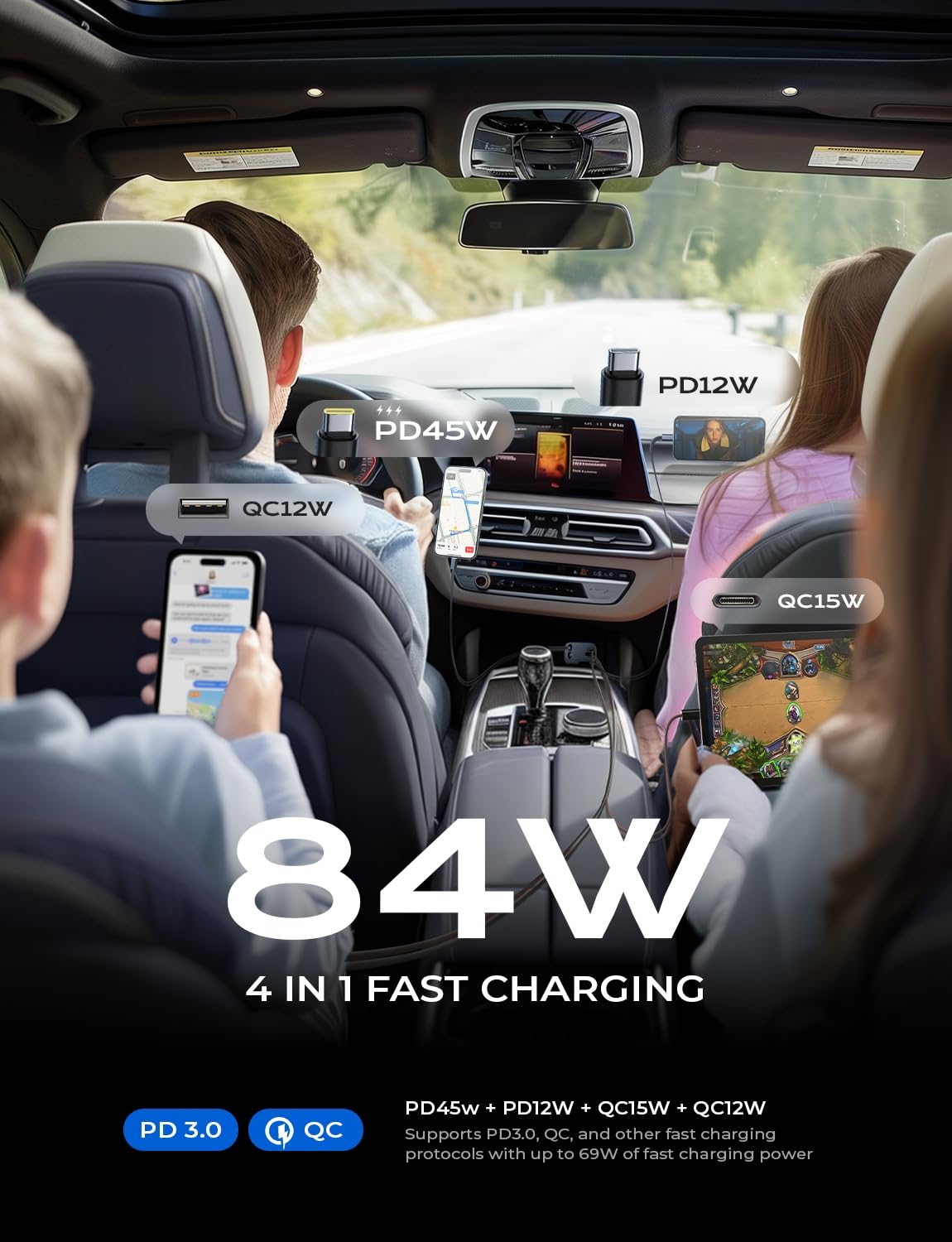 LISEN Retractable Car Charger, 84W Car Charger USB C Fast Charger, Cigarette Lighter USB Charger Adapter, Car Accessories Birthday Gifts for Men Women Dad Mom Husband, for iPhone 17 16 15 14 13 12 11