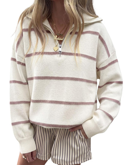 Fisoew Womens Quarter Zip Striped Sweater Oversized Turtleneck Pullover Top