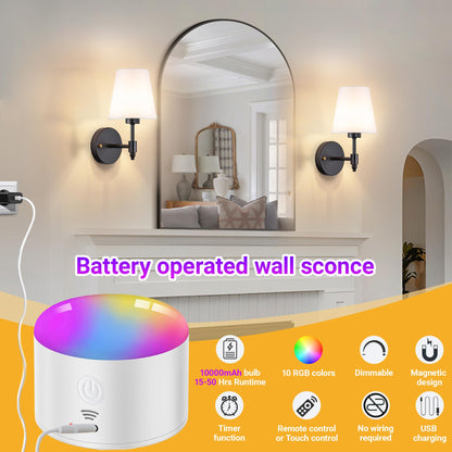 YHCDLAMP Battery Operated Wall Sconce Light with Remote Control, Dimmable Wall Sconce Set of 2 with White Fabric Shade, Wireless Battery Operated Wall Lamp for Bedroom Living Room, Bulb Included