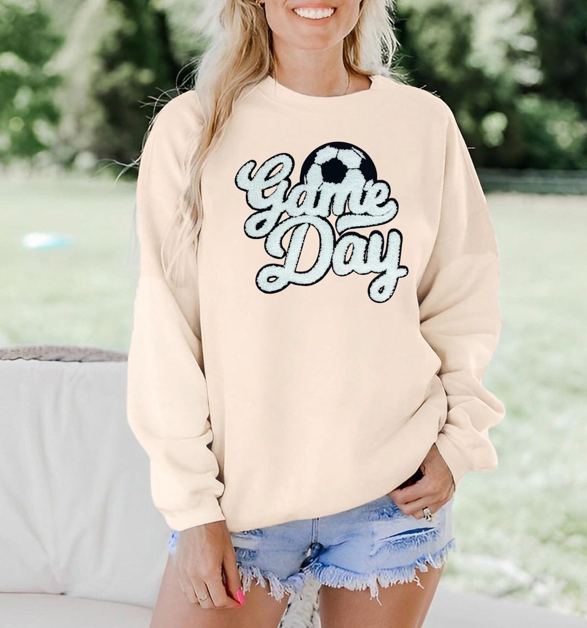 Game Day Soccer Sweatshirt Women Soccer Season Chenille Patch Pullover Top Causal Long Sleeve Football Top
